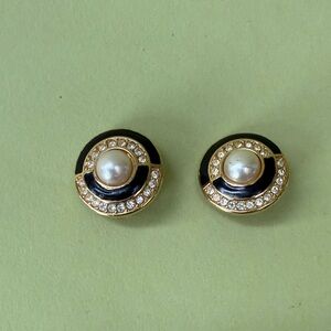 Vintage Swarovski Gold and Black Enamel Pearl Clip On Earrings with Swan Stamp